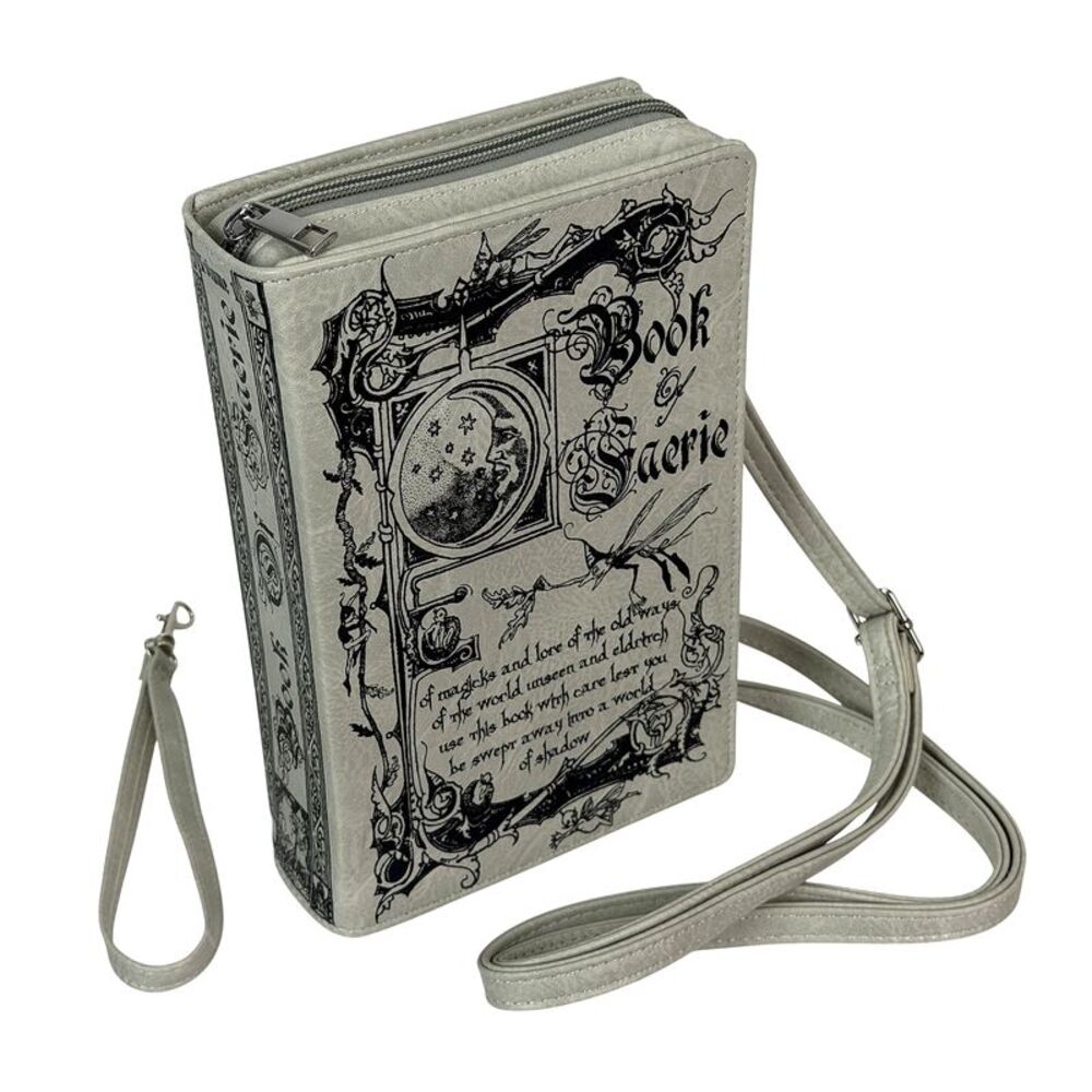 Book of Faerie Crossbody Clutch Bag Beige Vinyl Zip Wristlet Purse